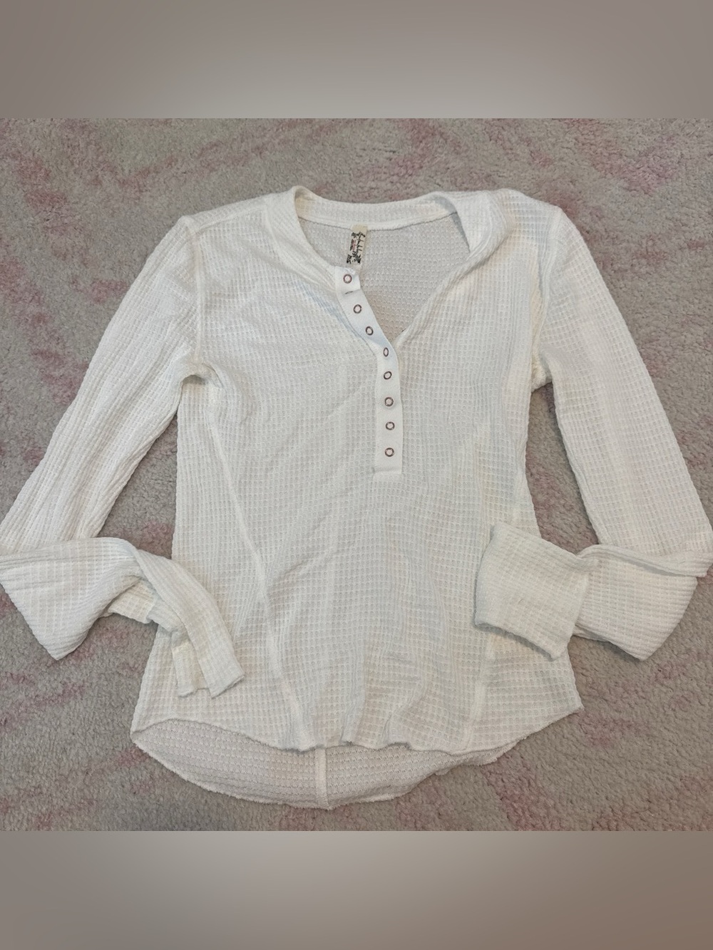 Free People Cream Waffle Henley Long Sleeve Top